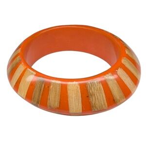 Chunky Vintage Orange Resin Bangle Cuff Bracelet Striped Resin Wood Inlay KJL
